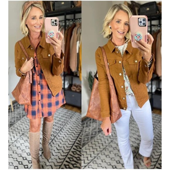 Women's Basic Button Down Stretch Fitted Long Sleeves Denim Jean Jacket Brown - Picture 4 of 8